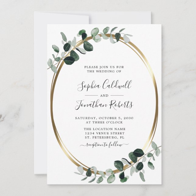 Eucalyptus Greenery Gold Metallic Wedding Invitation (Front)