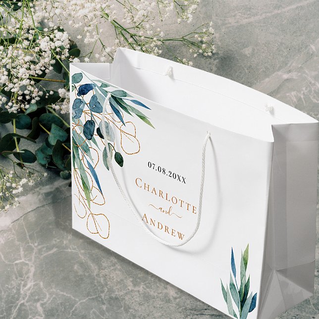 Eucalyptus greenery gold monogram wedding large gift bag (Creator Uploaded)