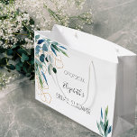 Eucalyptus greenery gold name bridal shower large gift bag<br><div class="desc">A chic white background.  Decorated with watercolored eucalyptus greenery,  and golden foliage. Personalise and add a date and the name of the bride.
Perfect for gift wrapping or for favours.</div>
