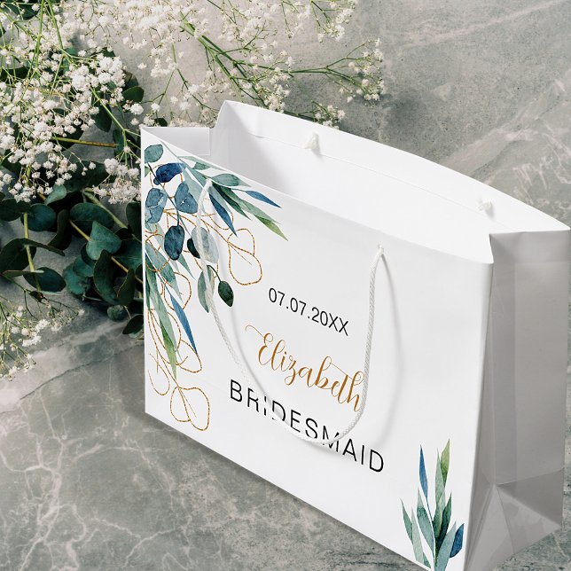 Eucalyptus greenery gold name bridesmaid large gift bag (Creator Uploaded)