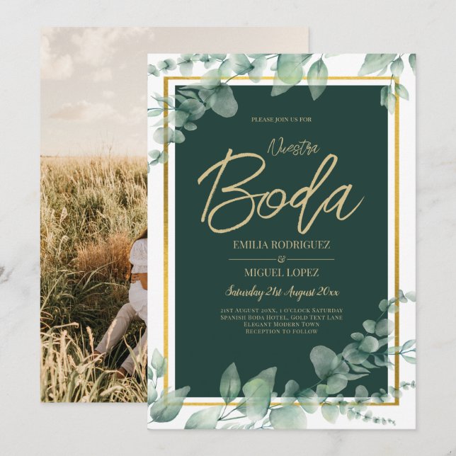 Eucalyptus Greenery Gold PHOTO WEDDING INVITE (Front/Back)