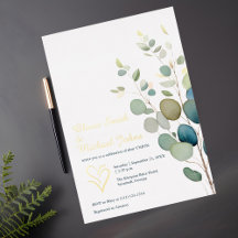 Eucalyptus greenery Gold QR code Wedding Invite