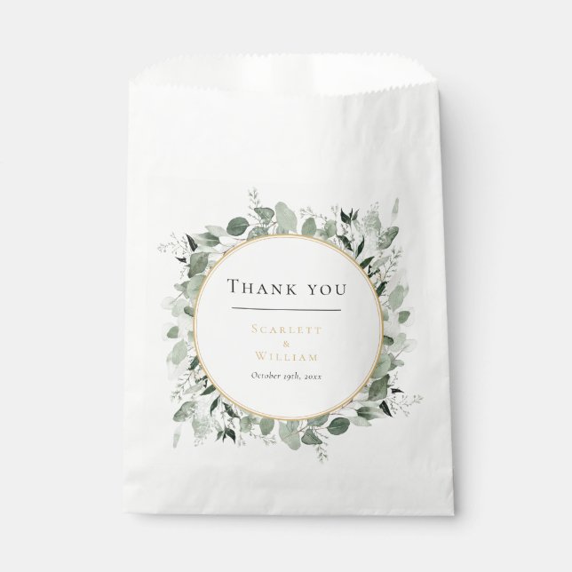 Eucalyptus Greenery Gold Sage Green Wedding Favour Bags (Front)