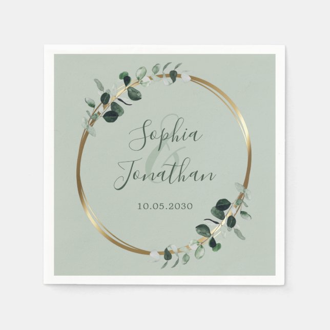 Eucalyptus Greenery Gold Sage Personalised Wedding Napkin (Front)