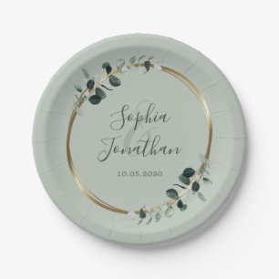 Eucalyptus Greenery Gold Sage Personalised Wedding Paper Plate