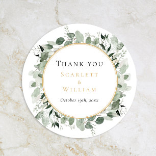 Eucalyptus Greenery Gold Sage Wedding Thank You Classic Round Sticker
