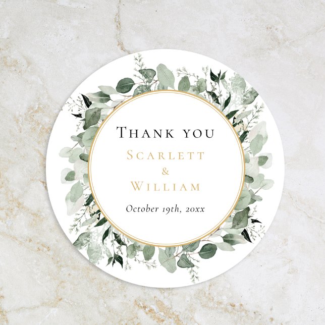 Eucalyptus Greenery Gold Sage Wedding Thank You Classic Round Sticker (Creator Uploaded)