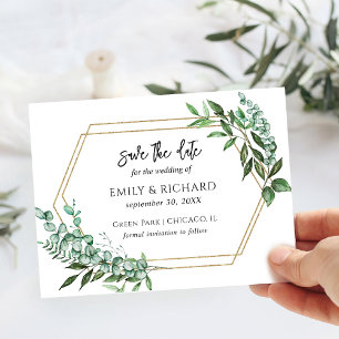Eucalyptus Greenery Gold Save the Date Postcard