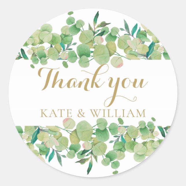 Eucalyptus Greenery Gold Script Thank You Classic Round Sticker (Front)
