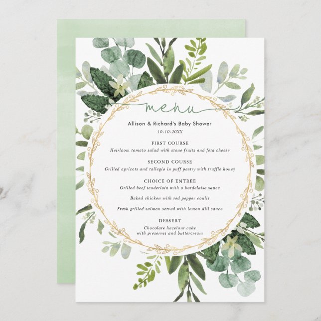 Eucalyptus greenery gold simple elegant menu (Front/Back)
