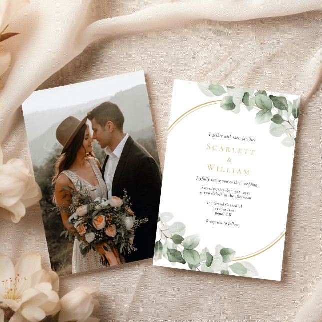 Eucalyptus Greenery Gold Simple Photo Wedding Invitation (Creator Uploaded)