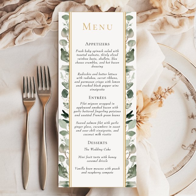 Eucalyptus Greenery Gold Simple Sage Green Wedding Menu (Creator Uploaded)