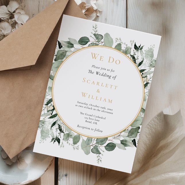 Eucalyptus Greenery Gold Simple We Do Wedding Invitation (Creator Uploaded)