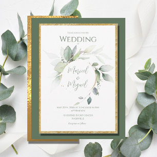 Eucalyptus Greenery Gold Watercolor Modern Wedding Invitation