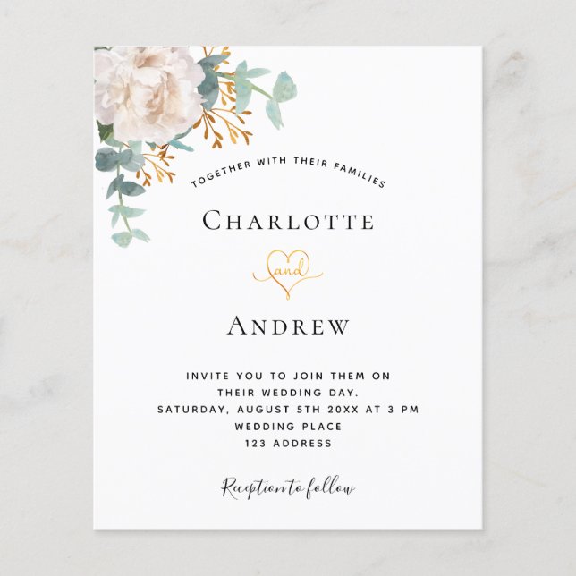 Eucalyptus greenery gold wedding budget invitation flyer (Front)