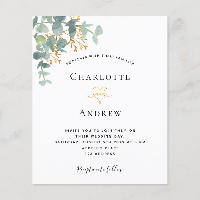 Eucalyptus greenery gold wedding budget invitation flyer (Front)