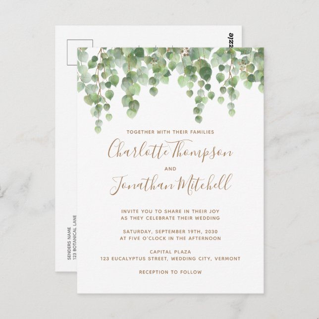 Eucalyptus Greenery Gold Wedding Invitation Postcard (Front/Back)