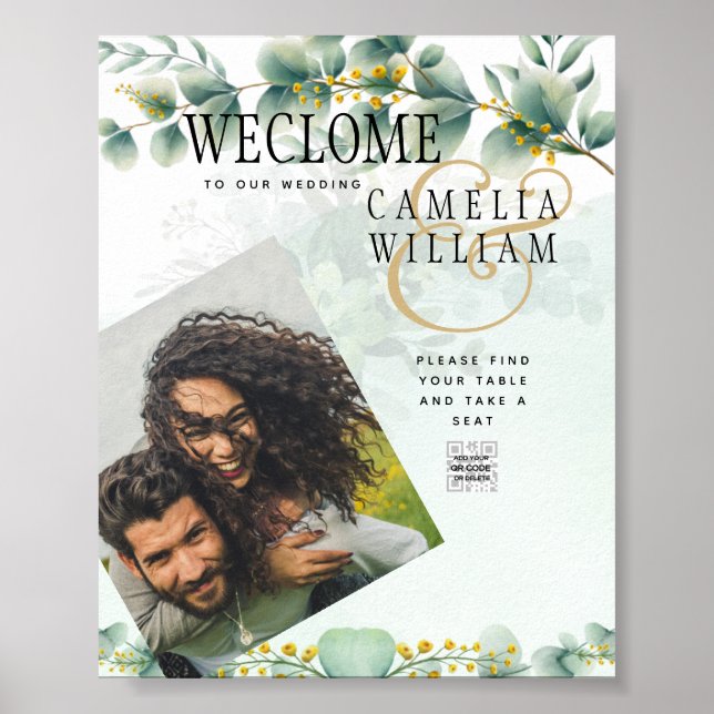 Eucalyptus Greenery Gold WEDDING QR CODE Modern Poster (Front)