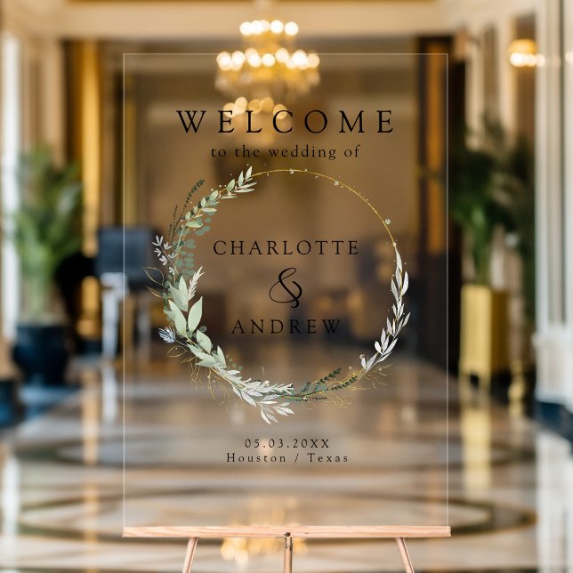 Eucalyptus greenery gold wedding welcome  acrylic sign (Personalized Eucalyptus greenery gold wedding welcome acrylic sign)