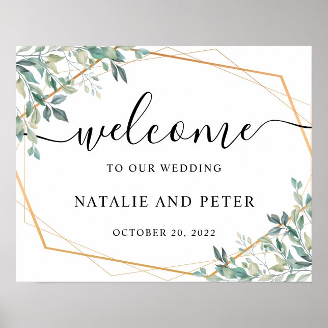 Eucalyptus Greenery Gold Wedding Welcome Sign (Front)