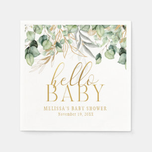 Eucalyptus Greenery Green Leaf & Gold Hello Baby Napkin