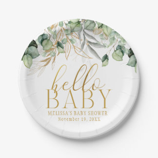 Eucalyptus Greenery Green Leaf & Gold Hello Baby Paper Plate