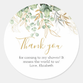 Eucalyptus Greenery Green Leaf & Gold Thank you Classic Round Sticker