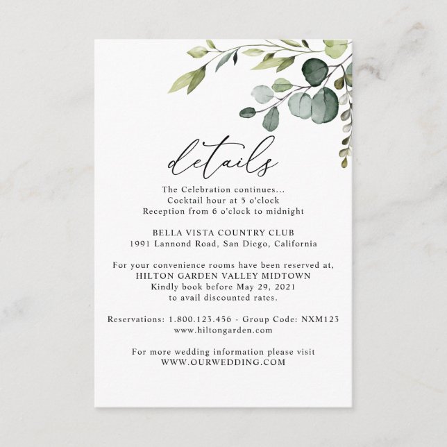 Eucalyptus Greenery Guest Information Details Card (Front)