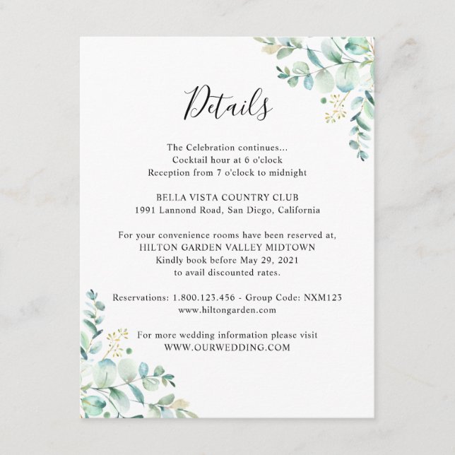 Eucalyptus Greenery Guest Information Enclosure Card (Front)