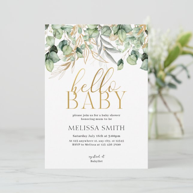 Eucalyptus Greenery Hello Baby Shower Invitation (Standing Front)