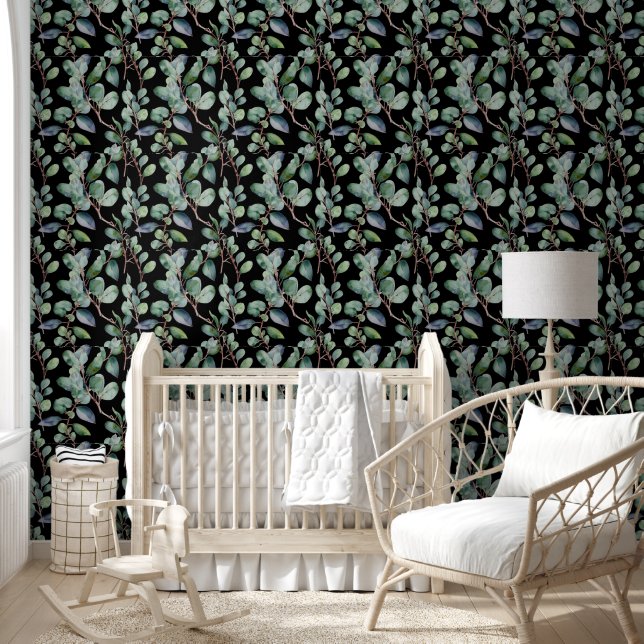 Eucalyptus Greenery Leaves Black Custom Colour Coo Wallpaper (Kids)