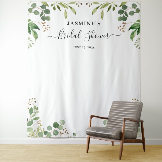 Eucalyptus Greenery Leaves Bridal Shower Backdrop Tapestry (In Situ)