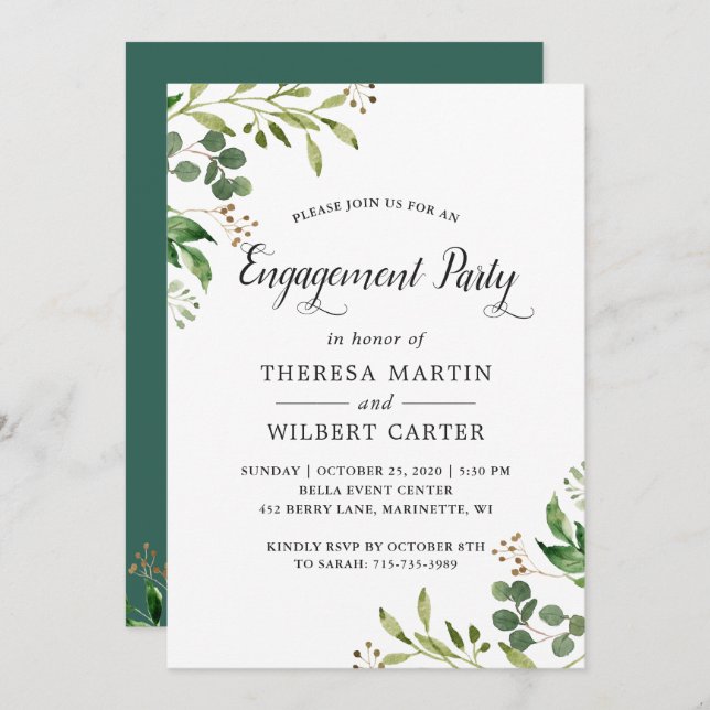 Eucalyptus Greenery Leaves Chic Engagement Party Invitation (Front/Back)