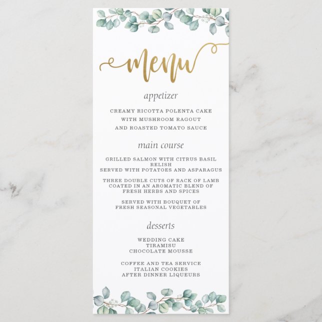 Eucalyptus Greenery Leaves Gold Wedding Menu (Front)