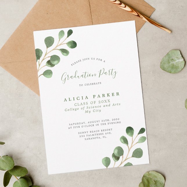 Eucalyptus greenery leaves graduation party invitation (Creator Uploaded)