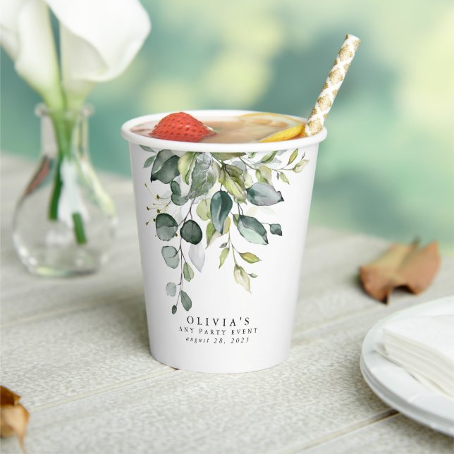 Eucalyptus Greenery Leaves Watercolor Paper Cups (Insitu)