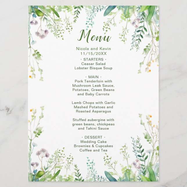 Eucalyptus Greenery Leaves Wedding  Menu (Front)