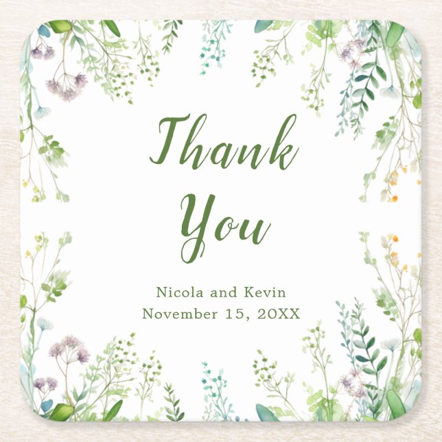 Eucalyptus Greenery Leaves Wedding  Square Paper Coaster (Front)