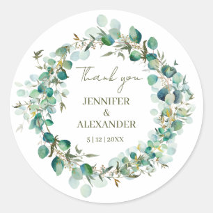 Eucalyptus Greenery Leaves Wedding Thank You Class Classic Round Sticker