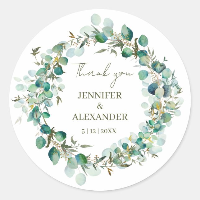 Eucalyptus Greenery Leaves Wedding Thank You Class Classic Round Sticker (Front)