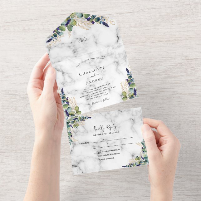 Eucalyptus greenery marble wedding all in one invitation (Tearaway)