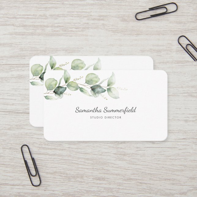 Eucalyptus Greenery Minimalist Elegant Script Business Card (Front/Back In Situ)