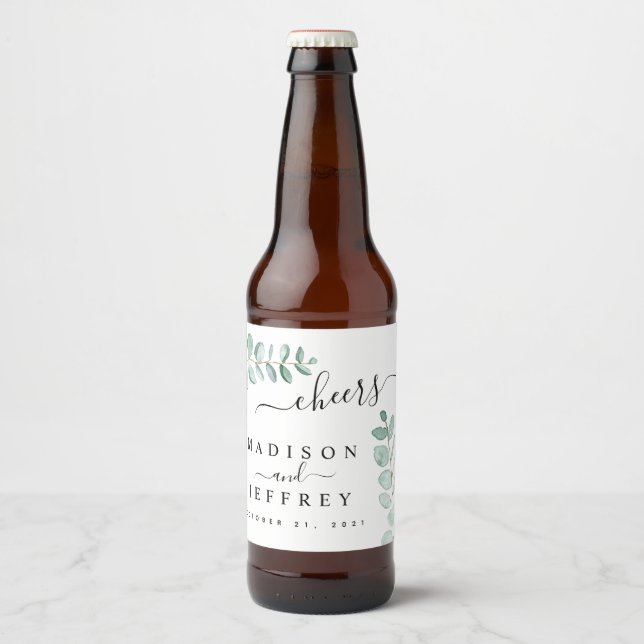 Eucalyptus Greenery Minimalist Wedding Beer Bottle Label (Front)