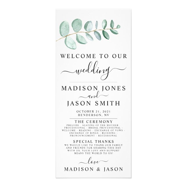 Eucalyptus Greenery Minimalist Wedding Program Rack Card (Front)