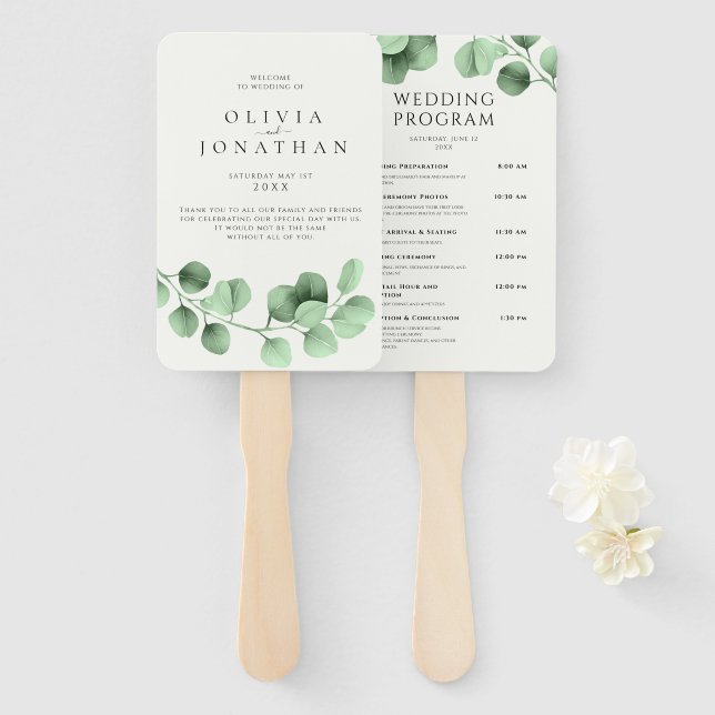 Eucalyptus Greenery Minimalist Wedding Programs Hand Fan (Front and Back)