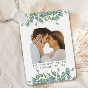 Eucalyptus Greenery Modern Couple Photo Wedding Key Ring