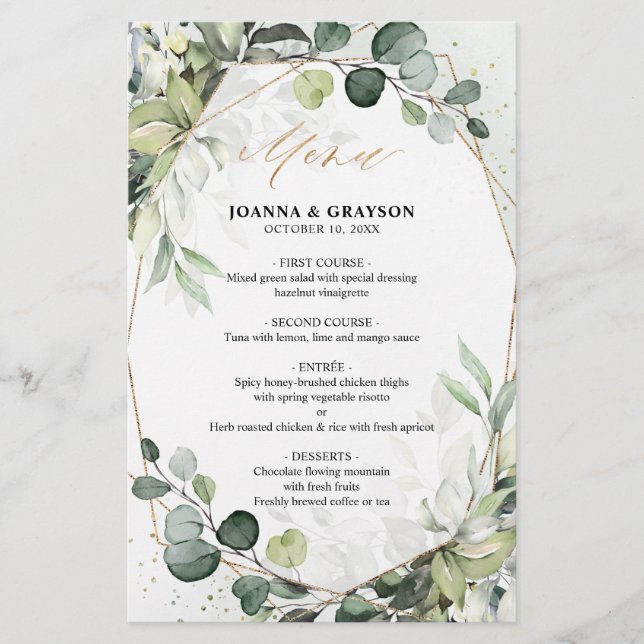 Eucalyptus Greenery Modern Geometric Wedding Menu (Front)