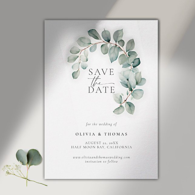 Eucalyptus Greenery Modern Wreath Elegant Wedding Save The Date (modern simple wedding save the date typography calligraphy eucalyptus whimsical wreath)