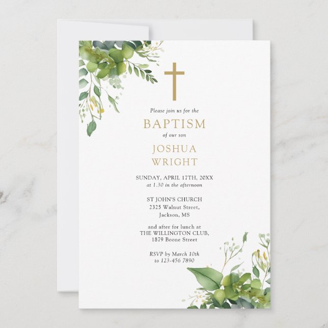 Eucalyptus Greenery Monogram Baptism Christening Invitation (Front)