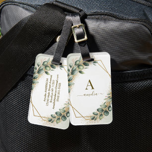 Eucalyptus Greenery Monogram Gold Geometric Frame Luggage Tag